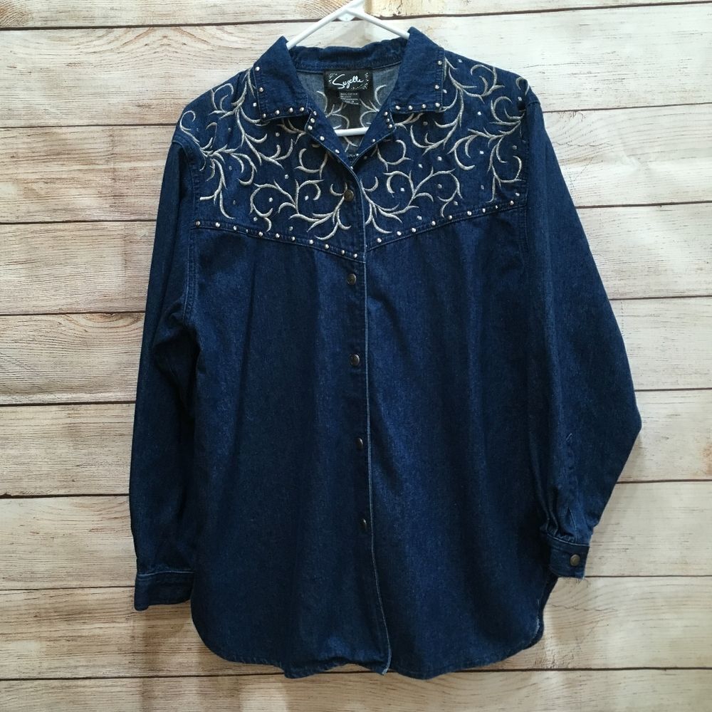 VINTAGE 80s‎ SUZELLE EMBROIDERED AND STUDDED BLUE DENIM SHACKET